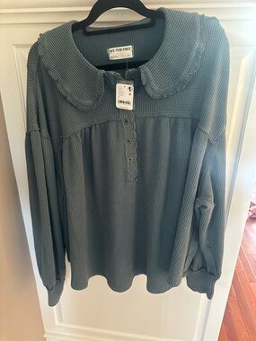 We The Free Cypress Green Waffle Knit Peter Pan Collar Blouse